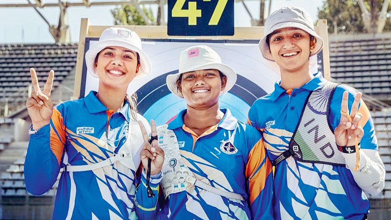 India’s men’s (above) and women’s archers after winning bronze in Paris yesterday