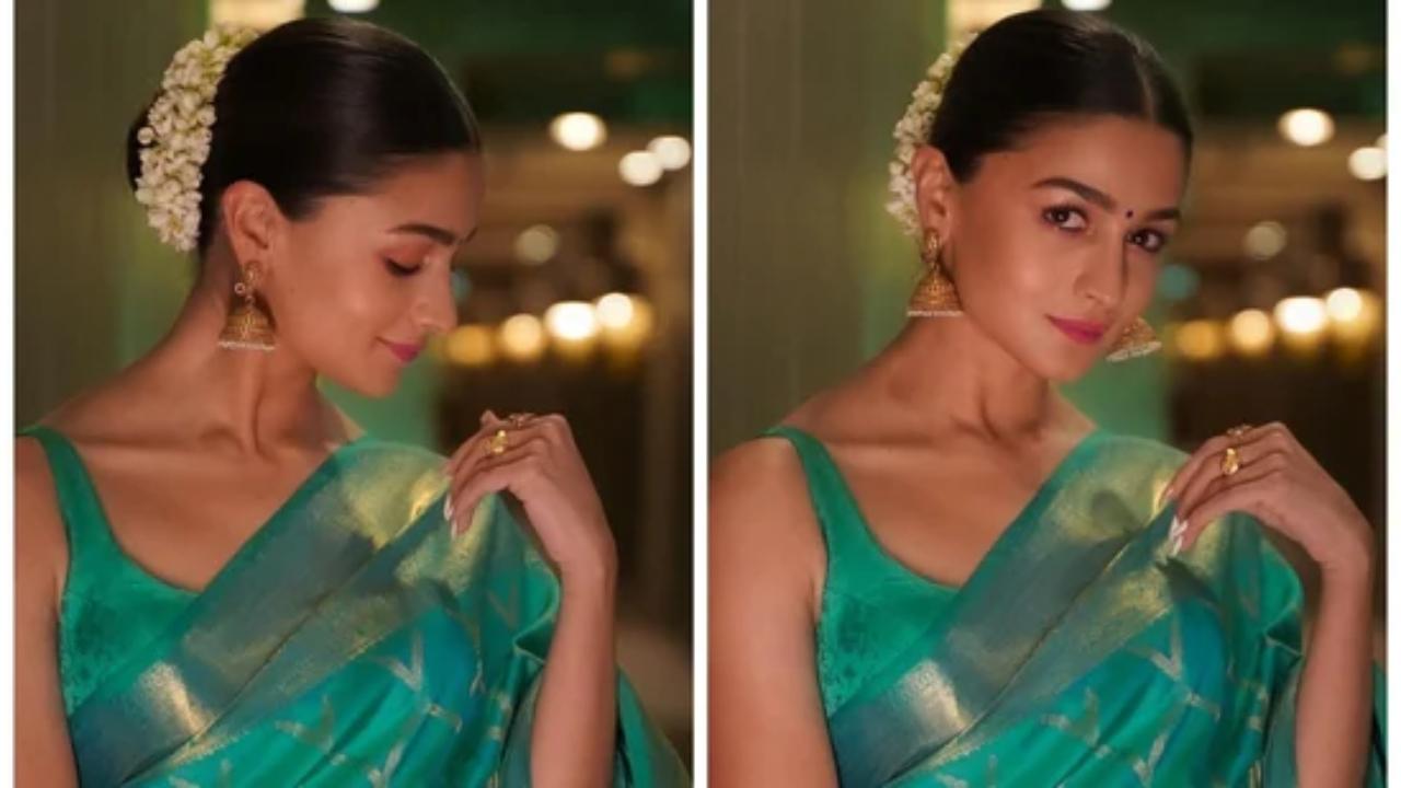 Alia Bhatt made us go gaga with her exceptionally beautiful ethnic looks in her recent film, Rocky Aur Rani Kii Prem Kahani. While the actress always looks beautiful in Western-inspired outfits, we love seeing her embracing her roots. Her blue-green saree, complete with gajra and jhumkas does exactly this