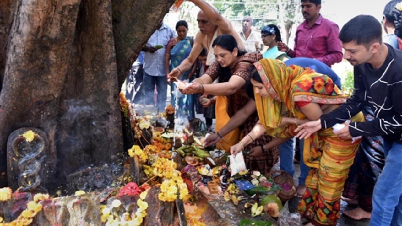  Devotees offer prayers on the occasion of 'Nag Panchami', in Chikmagalur (PTI)