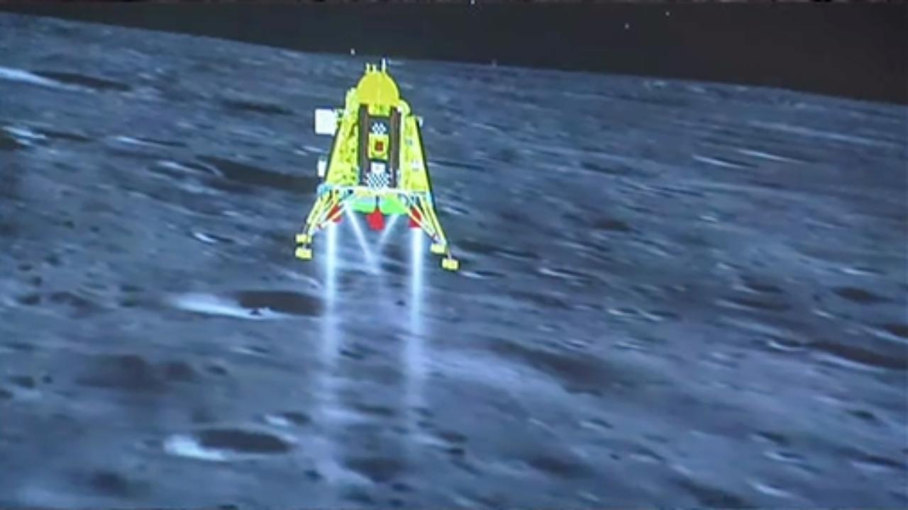 A screenshot shows a representation of Chandrayaan-3's successful landing on the Moon’s surface, Wednesday, Aug. 23, 2023 (Pic/PTI)