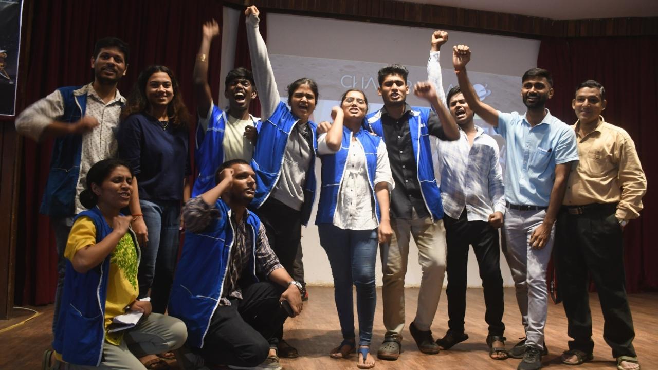 In Mumbai, the Nehru Science Center staff members celebrate the successful soft landing of Chandrayaan-3's lander module on the Moon's south pole (Pic/Ashish Raje)