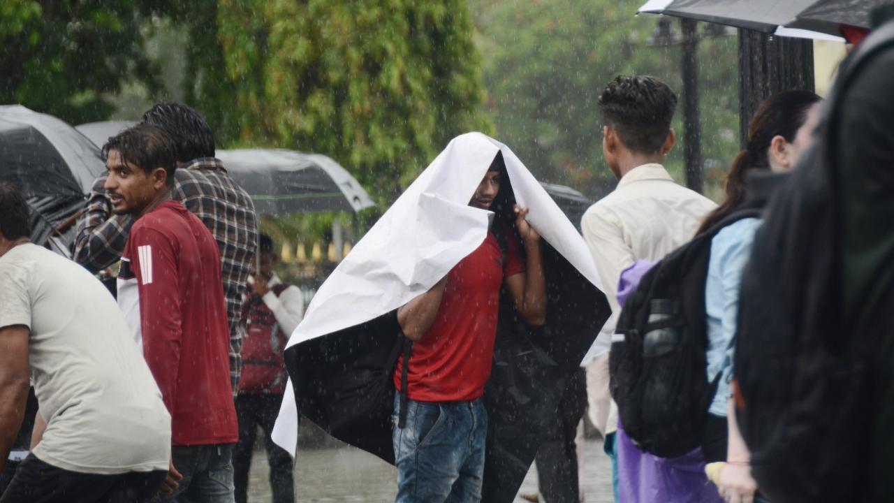 Some rushed to take shelter from the rain; one of the visitors had an unlikely accessory, a tarpaulin sheet (Pic/Sayyed Sameer Abedi)