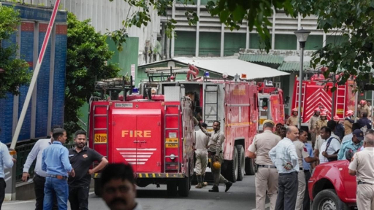 Firefighters at the site after a fire broke out in the endoscopy room on the second floor of the All India Institute of Medical Sciences (AIIMS)
 