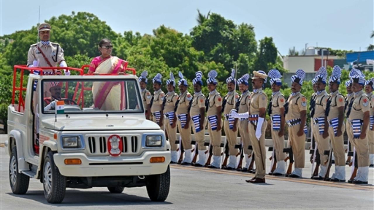 President Droupadi Murmu inspects a Guard of Honour upon her arrival in Puducherry
 