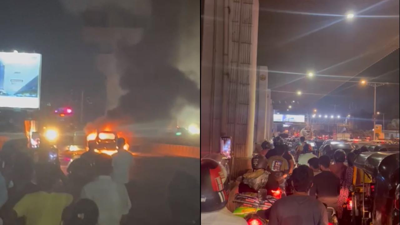 Mumbai: Car catches fire at Kandivali's busy Akurli bridge, causes traffic disruptions
