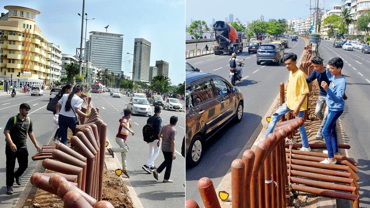 In the absence of a zebra crossing or bridge, pedestrians cross the stretch via a broken portion of the barrier Pics/Ashish Raje