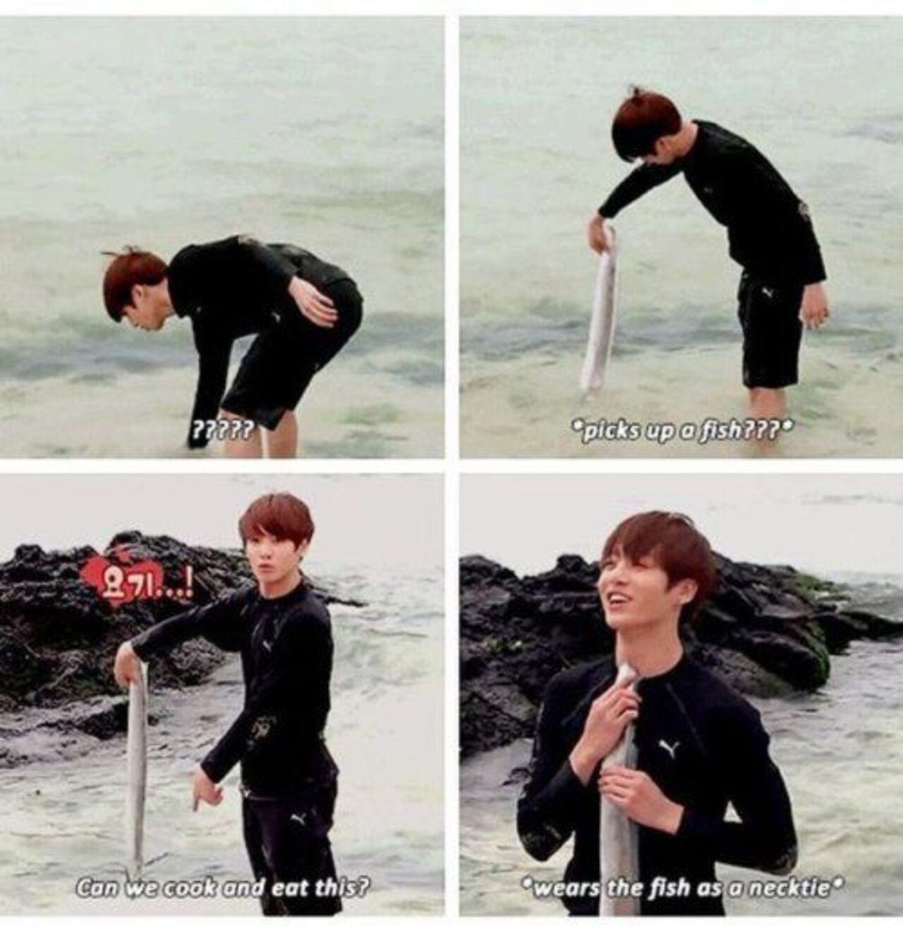 There's a running joke in BTS that Jungkook is above average at almost everything he does, even if he is trying it on the first go. Who catches a fish with their bare hands?