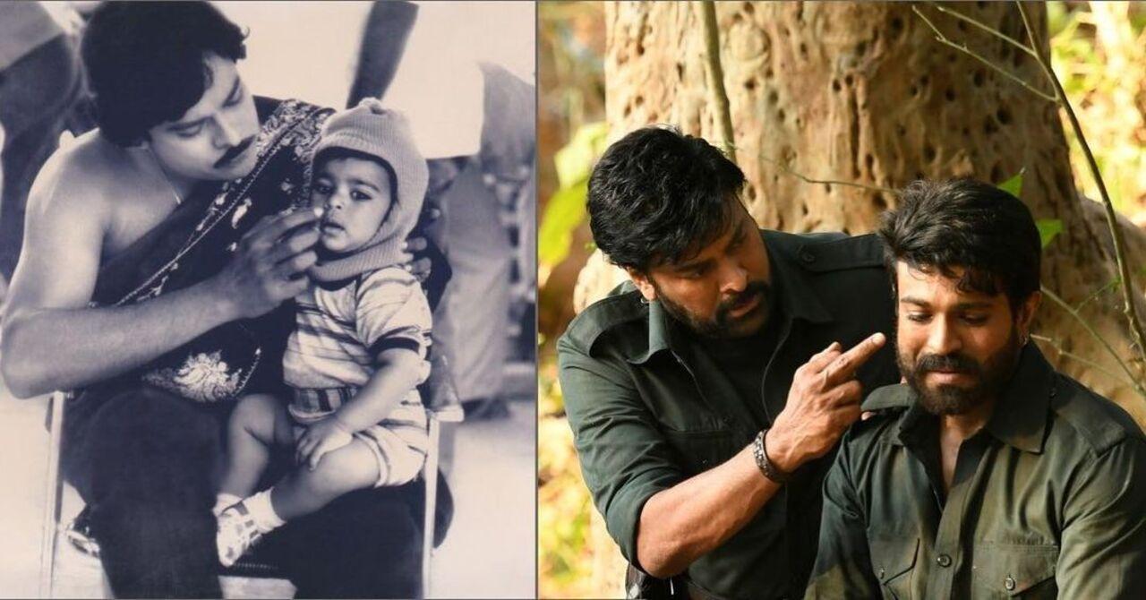 Chiranjeevi had shared this collage of himself with Ram Charan. The first picture had little Charan visit his father on the sets of a film while the latter sees the two on the film sets of 'Acharya' in which they were co-stars