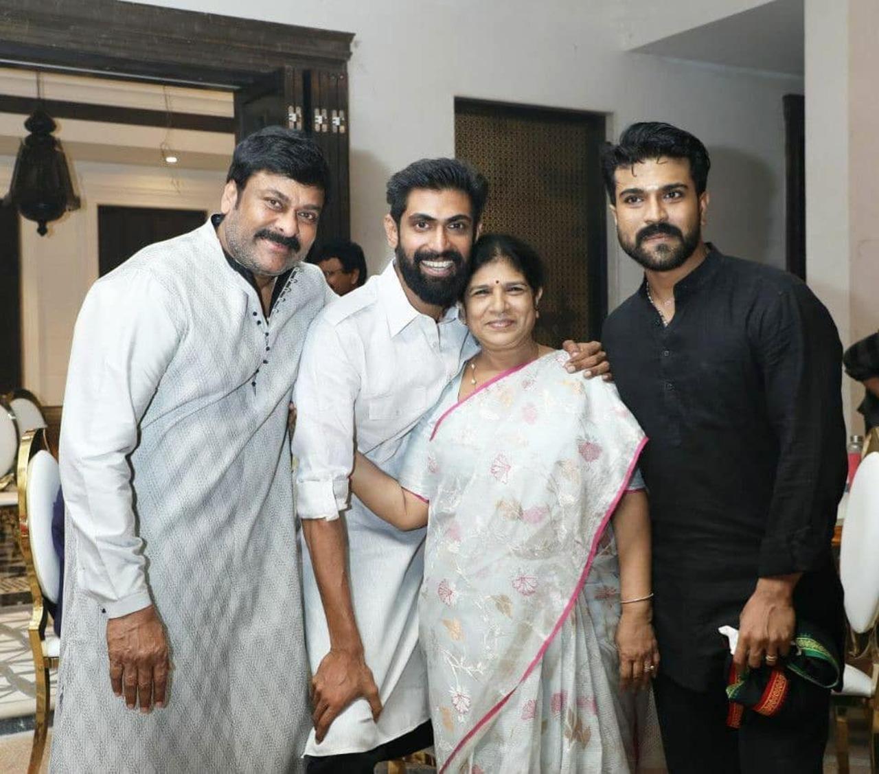 The Chiranjeevi family poses with actor Rana Daggubati. Even though Rana is not connected by them through blood, he shares a close bond with the Konidela and Allu family