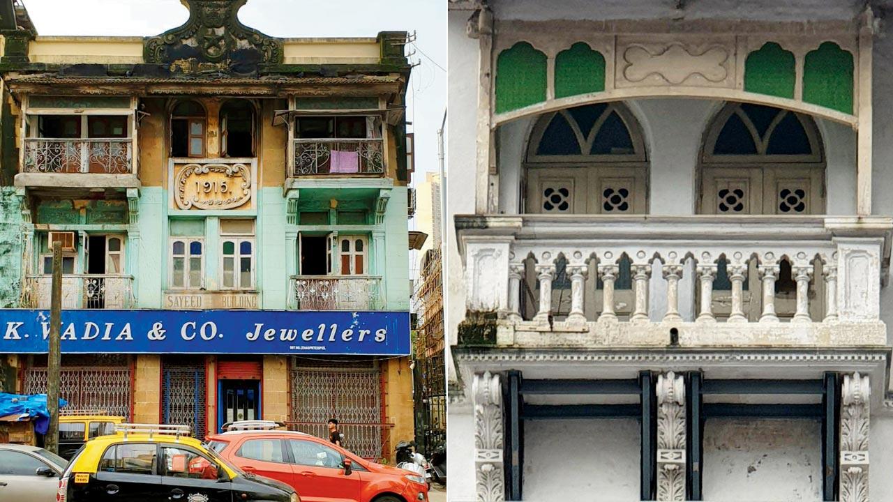 Sayeed Building in Art Deco style; (right) close-up of Karim Manzil