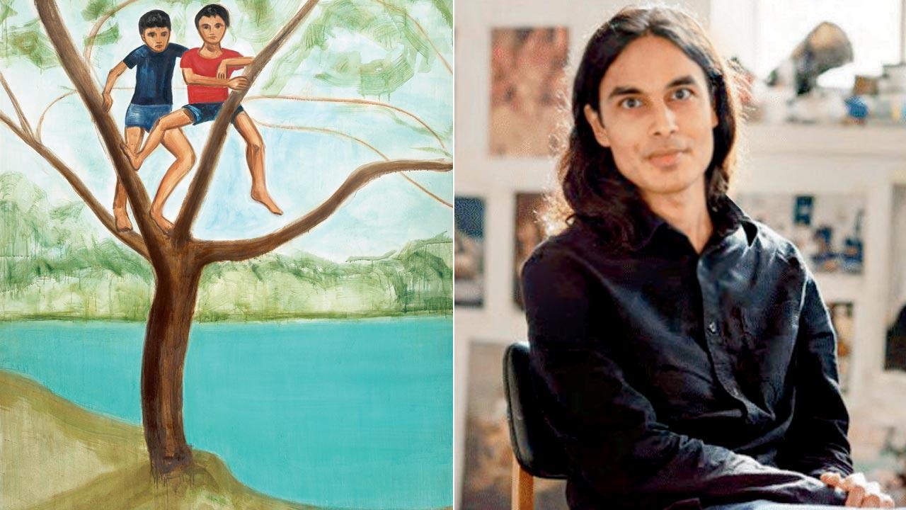 One of the paintings in the exhibition; (right) Mathew Krishnau