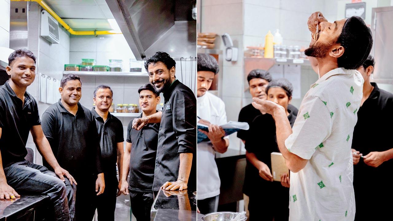 Chef Ranveer Brar with his team; (right) doing a taste test