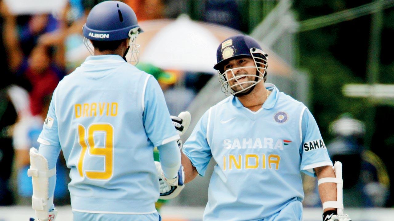 Sachin Tendulkar and Rahul Dravid during their 158-run stand in the first ODI against SA at Belfast, Ireland, in 2007. Pic/Getty Images