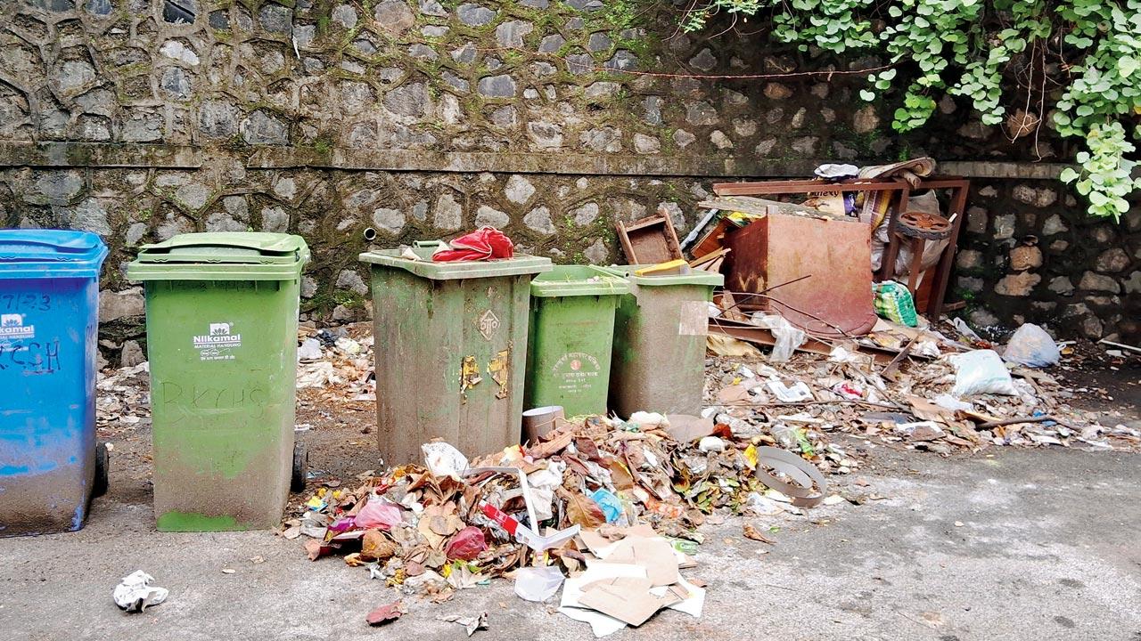 Trash is seen outside roadside bins in Mulund East on Wednesday