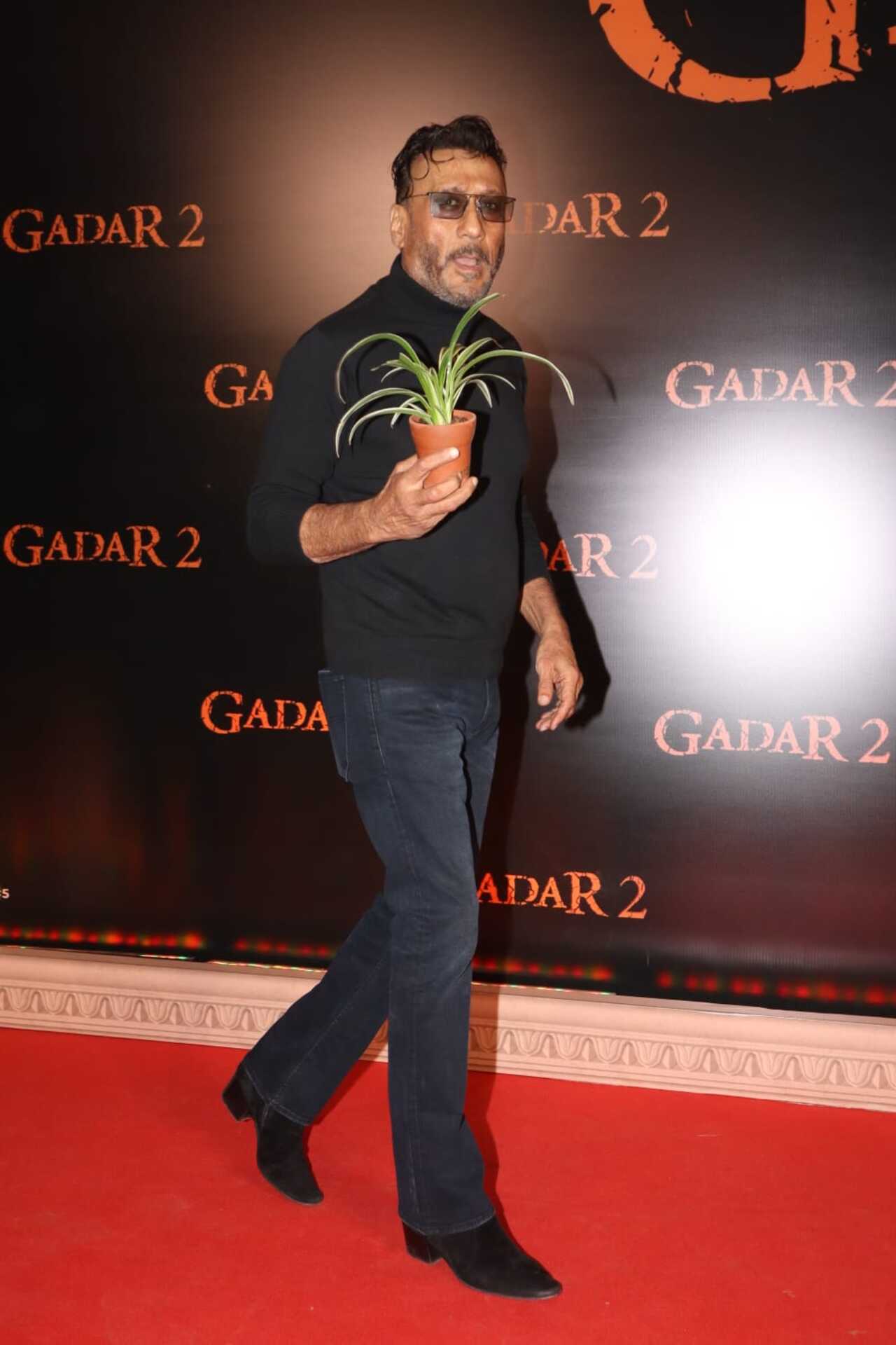 Jackie Shroff was his warm self as he arrived at the screening with a planted pot
