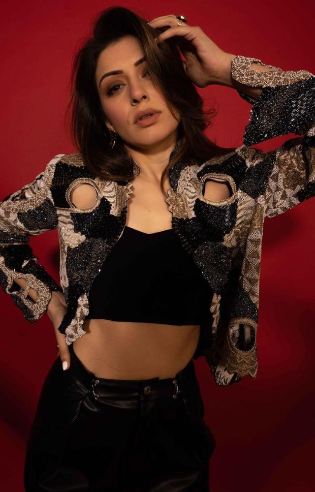 Hansika Motwani`s statement jacket comes with a unique cut out pattern!
