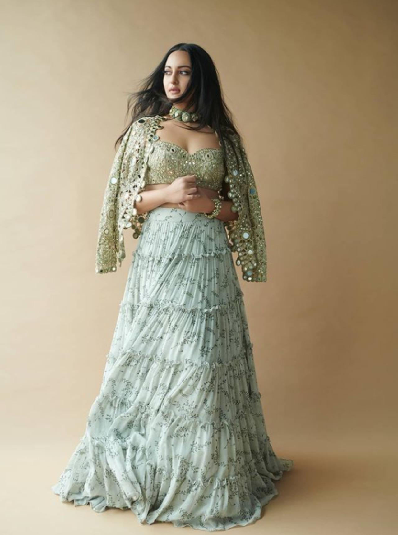Sonakshi Sinha often takes to Instagram to serve up some style glam and even share stunning outfits from her travel diaries. She looked gorgeous in this pastel-mint green lehenga with a mirror-sequinned shrug. Her thick statement choker jewellery brought her minimal makeup