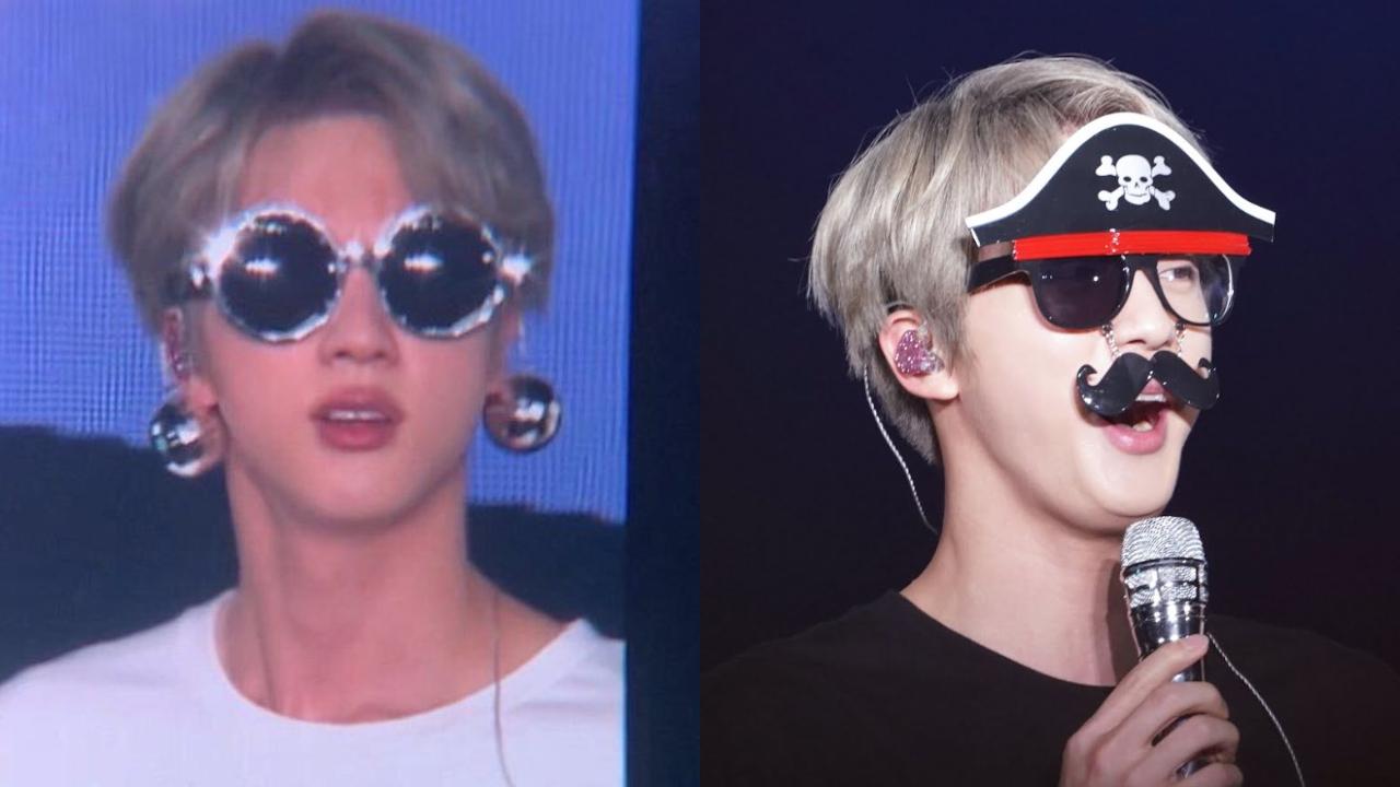 Jin goes all out when it comes to surprising fans with new levels of 'extra' fashion, especially during BTS concerts. Here, he looks absolutely meme-worthy in this disco-ball shaped sunglasses and bobble-earrings. And pirate Jin ahoy! (we all know he would run for his life if he came face-to-face with one though)