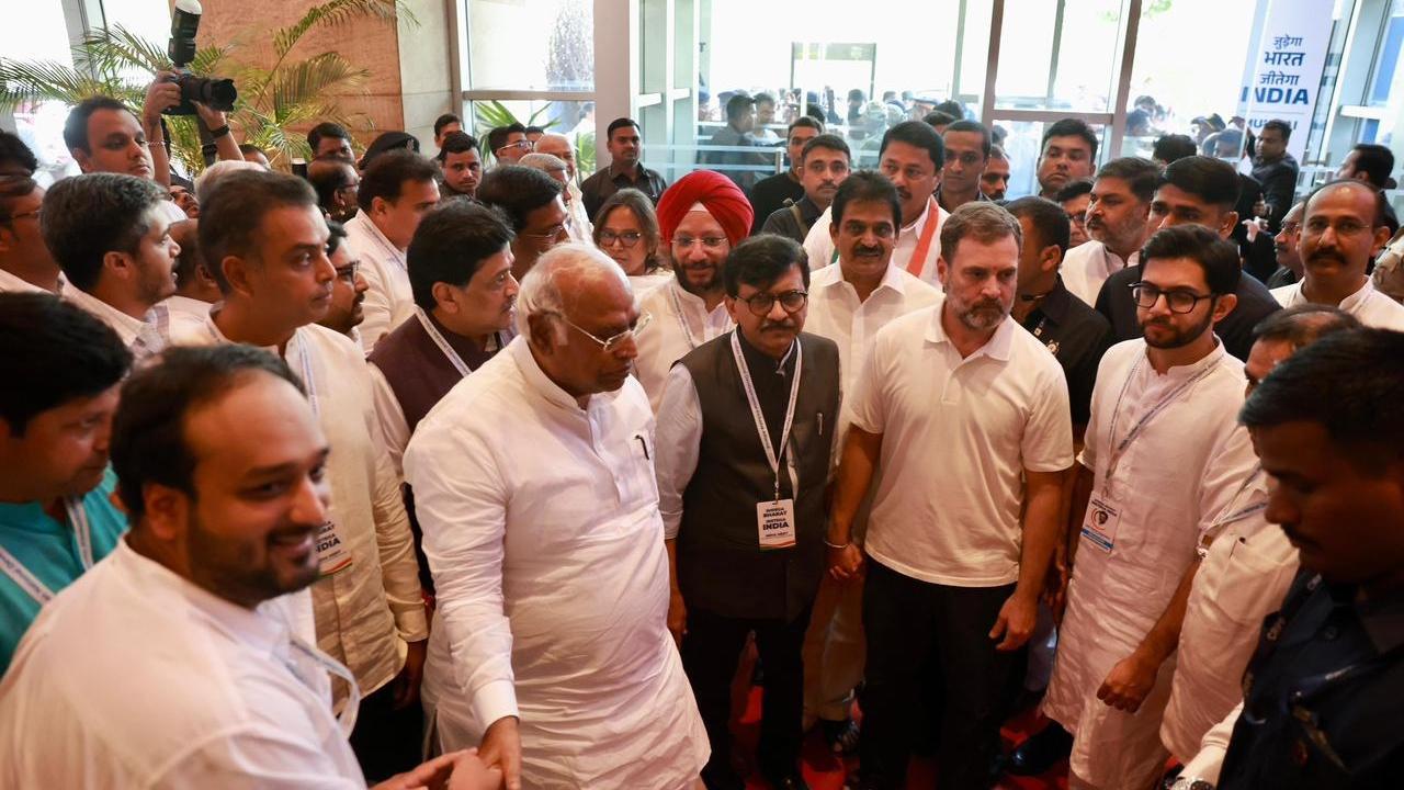 The alliance leaders are getting together for the third round of the brainstorming session in Mumbai, after Patna and Bengaluru, to chalk out their common campaign strategy to take on the NDA in the 2024 Lok Sabha elections. Pic/Maharashtra Congress