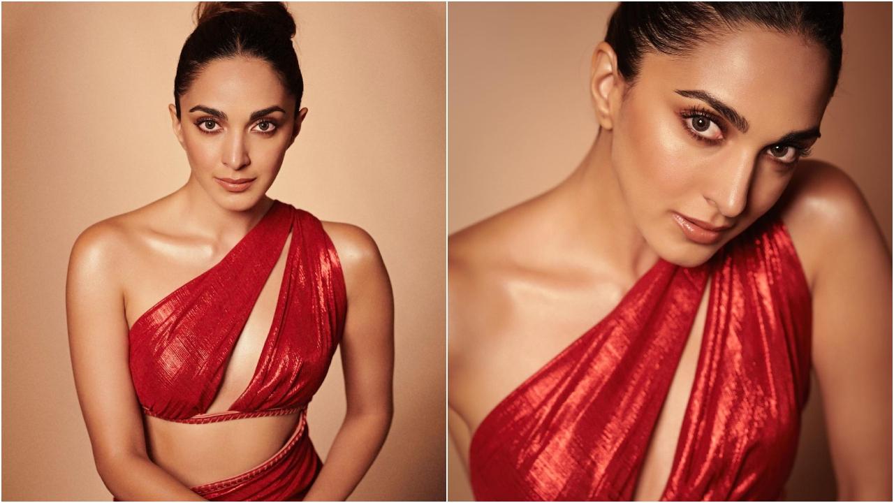 Kiara Advani wore a beautiful red asymmetric cutout gown with braided leather details from Aadnevik for an awards night
