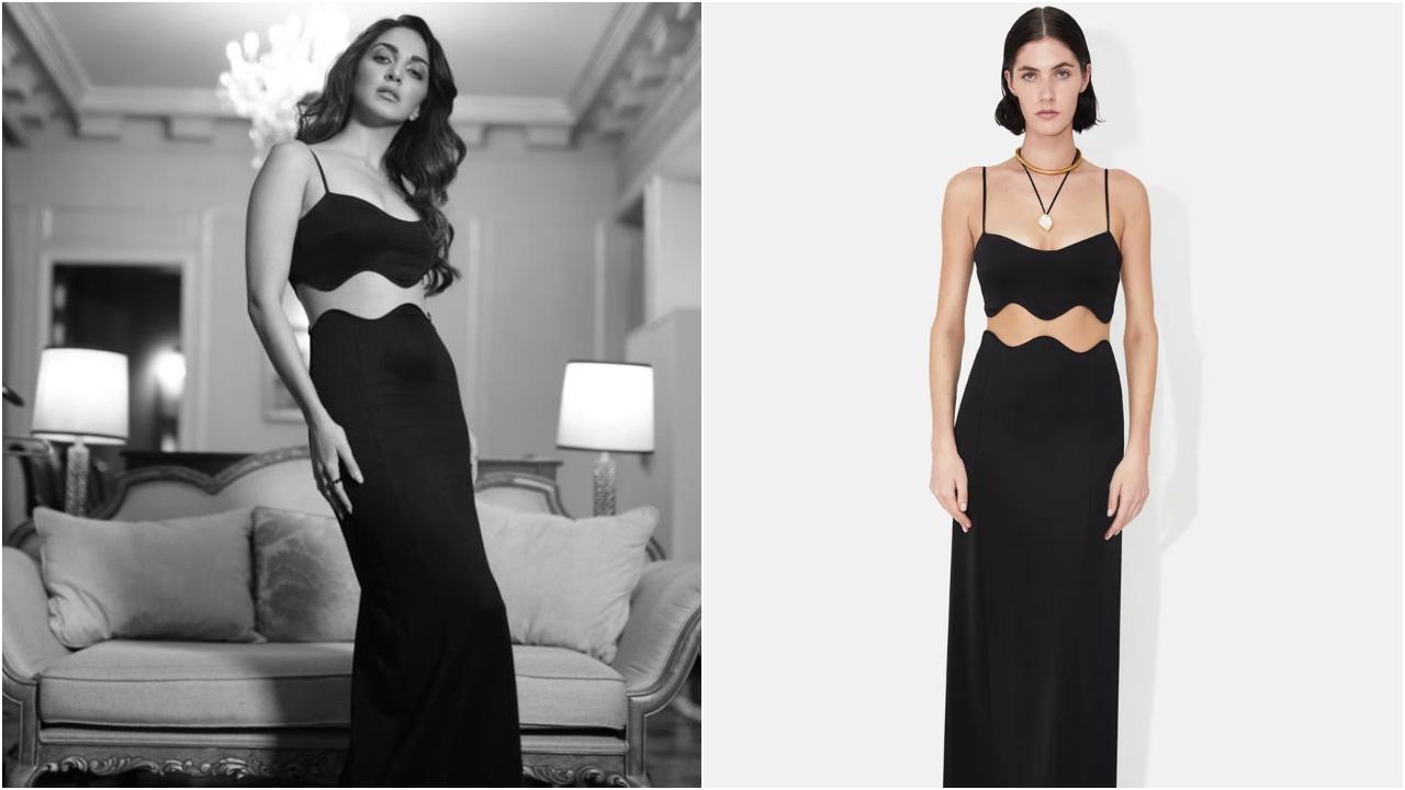 The black body-hugging flowing skirt came with a scalloped midriff cutout and a dramatic, curved thigh-high slit. It was worth Rs. 64,612