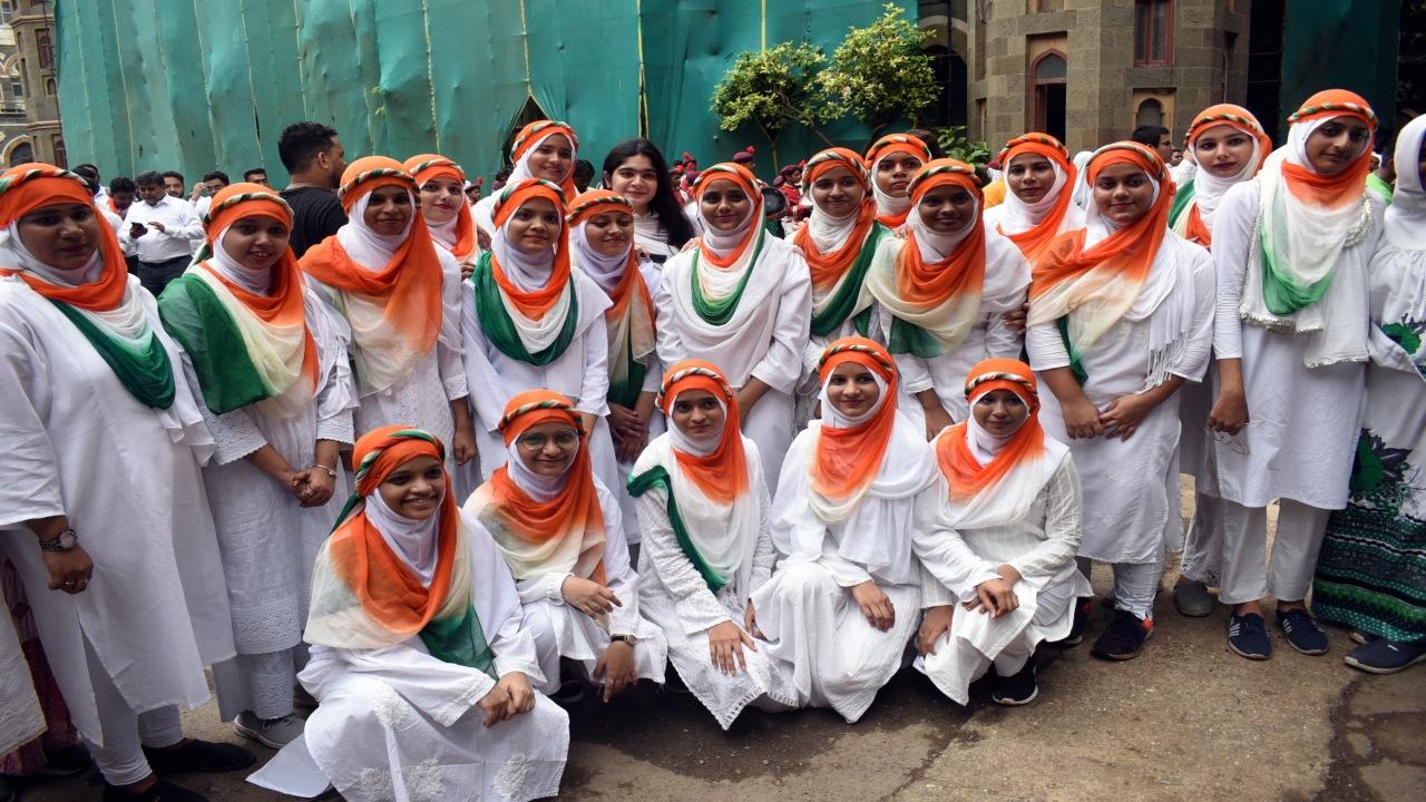 Anjuman-e-Islam students celebrate 77th Independence Day at their school at CST in Mumbai. Photo/Sameer Markande