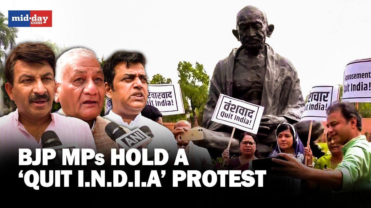 BJP MPs hold a ‘Quit I.N.D.I.A’ protest in Parliament, target opposition