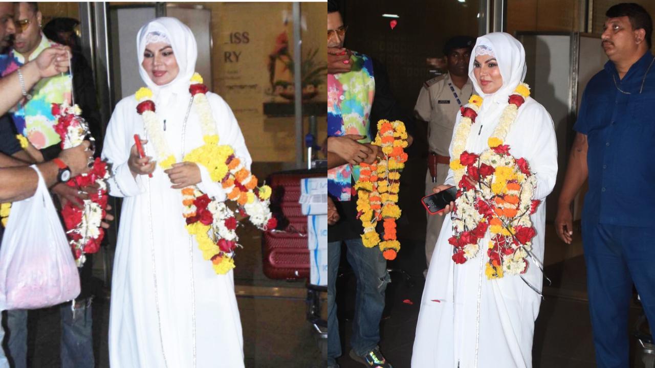 Rakhi Sawant gets floral welcome at airport upon return from Mecca