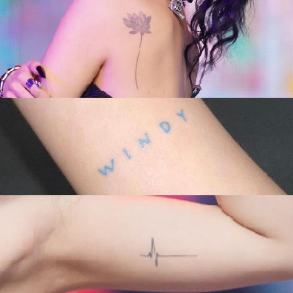She also has the word 'Windy' inked in a cerulean blue shade and a heartbeat on her inner arm - a symbol marking her signing up to be an organ donor