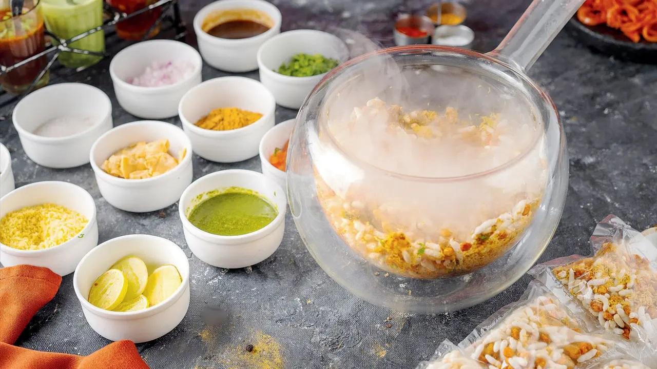 Nitro bhel: Think of your bhel puri in its most elevated avatar. Puffed rice is packed into transparent edible potato starch sheets. The bhel is made at your table and served with all the chutneys and toppings. Liquid nitrogen magic trick chills the dish before serving.   At: SpiceKlub, Lower Parel.Cost: Rs 575
