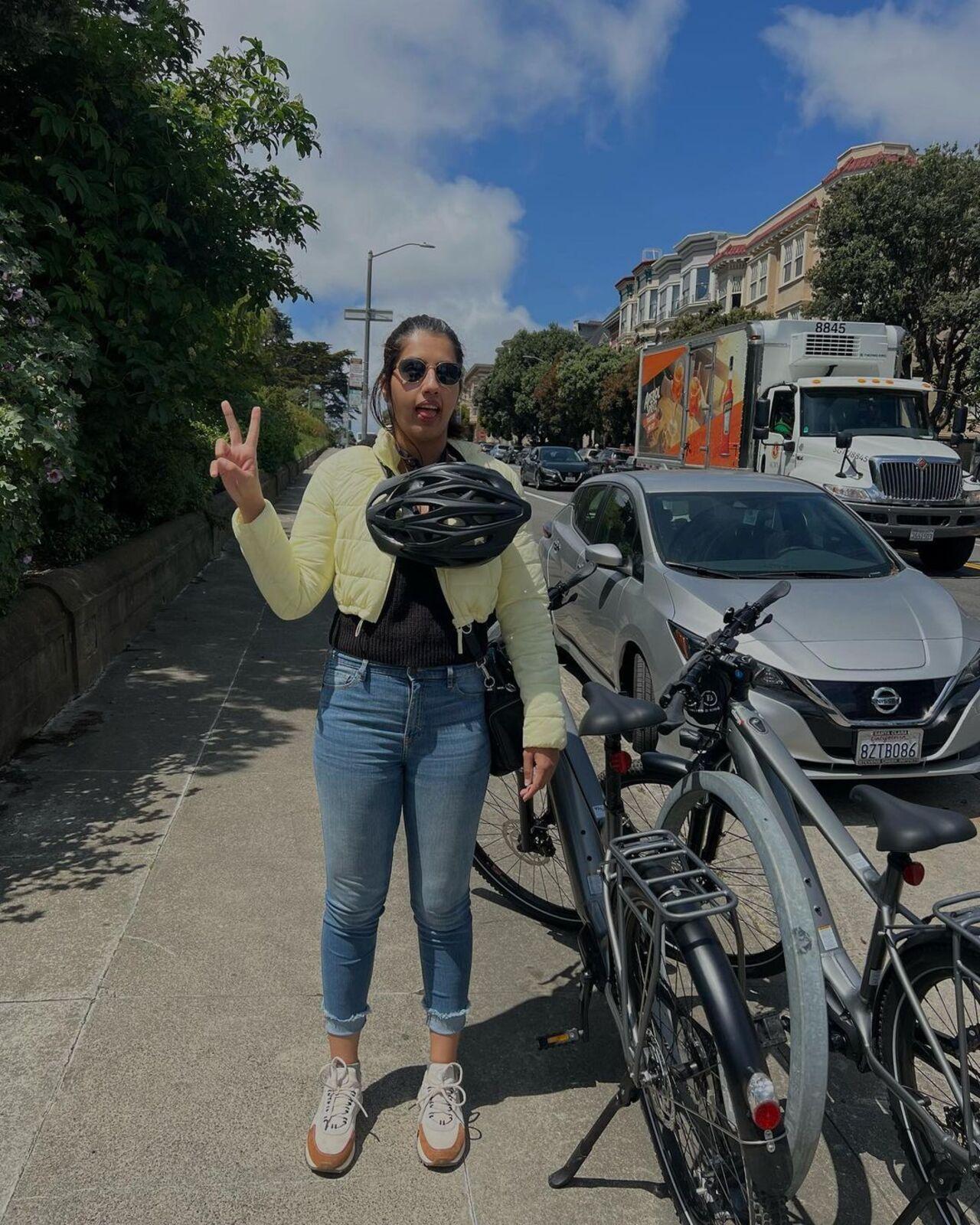 Shagun Pannu gives quirky pose during one of their trips abroad