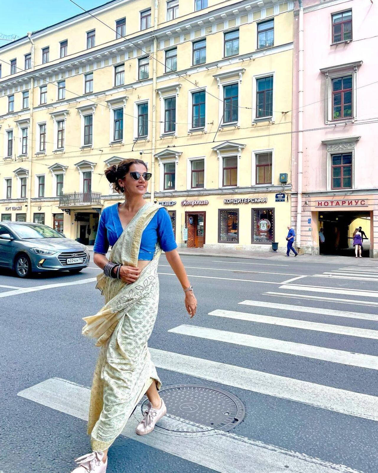 Saree, sneakers and videsh, Taapsee exudes absolute boss vibes in this pic
