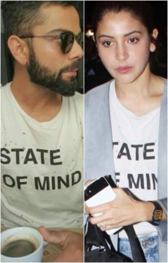 Anushka Sharma was seen in a white T-shirt that read, `State Of Mind`. Her husband, Virat Kohli, wore a similar outfit for an outing once