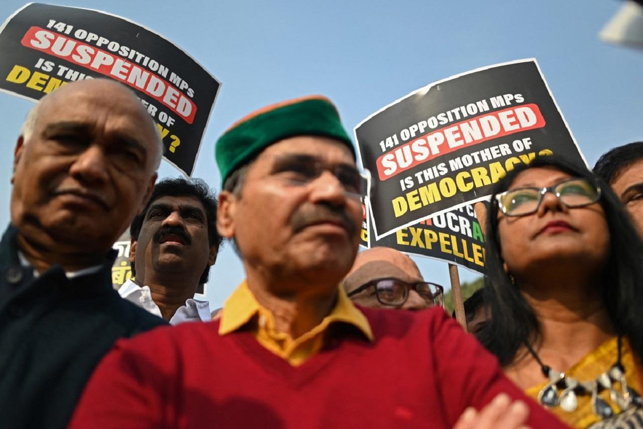 Two more opposition members in Lok Sabha were suspended on Wednesday for displaying placards, taking the total number of members of the lower House against whom such action has been taken to 97