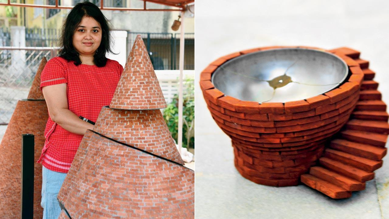 Teja Gavankar with her work titled Neti Neti. Gavankar’s practice marries geometry and philosophy. Pics/Nimesh Dave