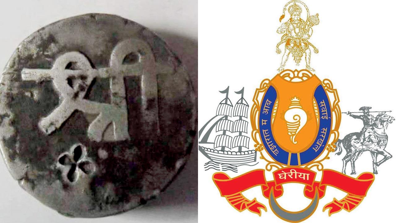 One silver Alibaugi ruppaiya, minted by Kanhoji Angre, was equal to one pound, 20 pence of British currency. (right) The Angre coat of arms from Raghujiraje Angre’s private collection