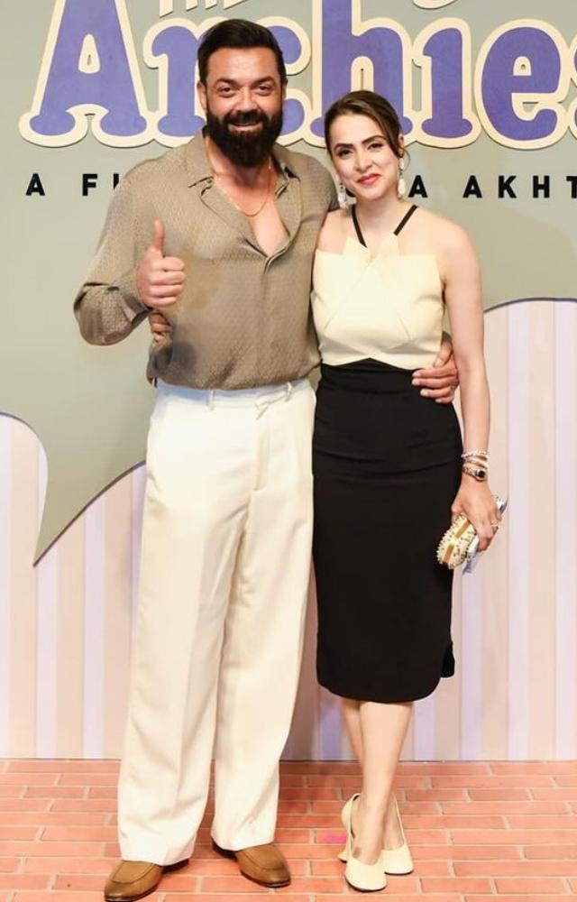 Bobby Deol, who is receiving rave reviews for his film `Animal`, attended the screening of the film with his wife Tanya Deol