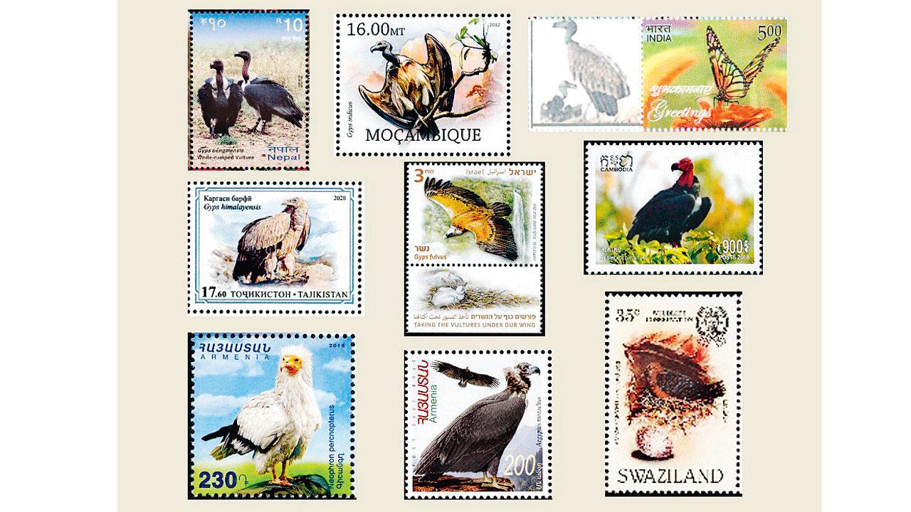 A collection of stamps from around the world that feature Indian vultures 