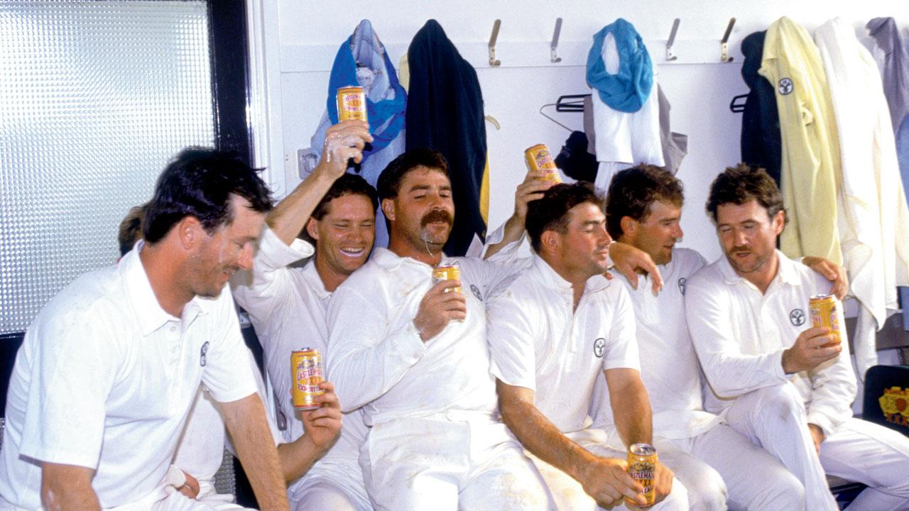 The Australians celebrate their win over England in the first Test at Headingley, Leeds, on June 13, 1989. David Boon is seated third from  left. Pic/Getty Images