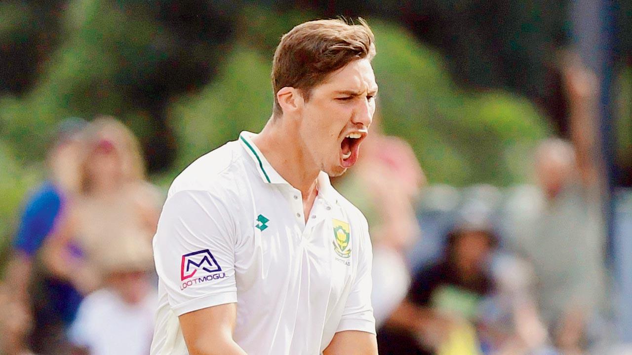 SA’s Nandre Burger celebrates KL Rahul’s wicket yesterday. Pic/Getty Images