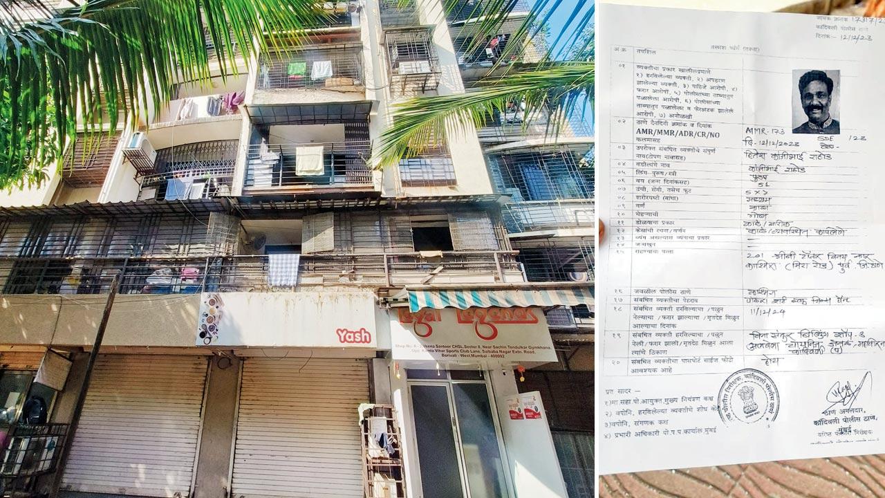 The office of Yash Caterers at Mahavir Nagar in Kandivli West; (right) A copy of the missing person complaint registered a day after the caterer  went missing