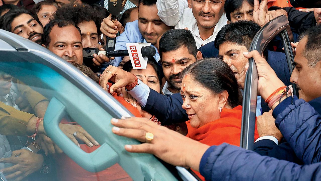 BJP leader Vasundhara Raje Scindia at party office after her victory. Pic/PTI