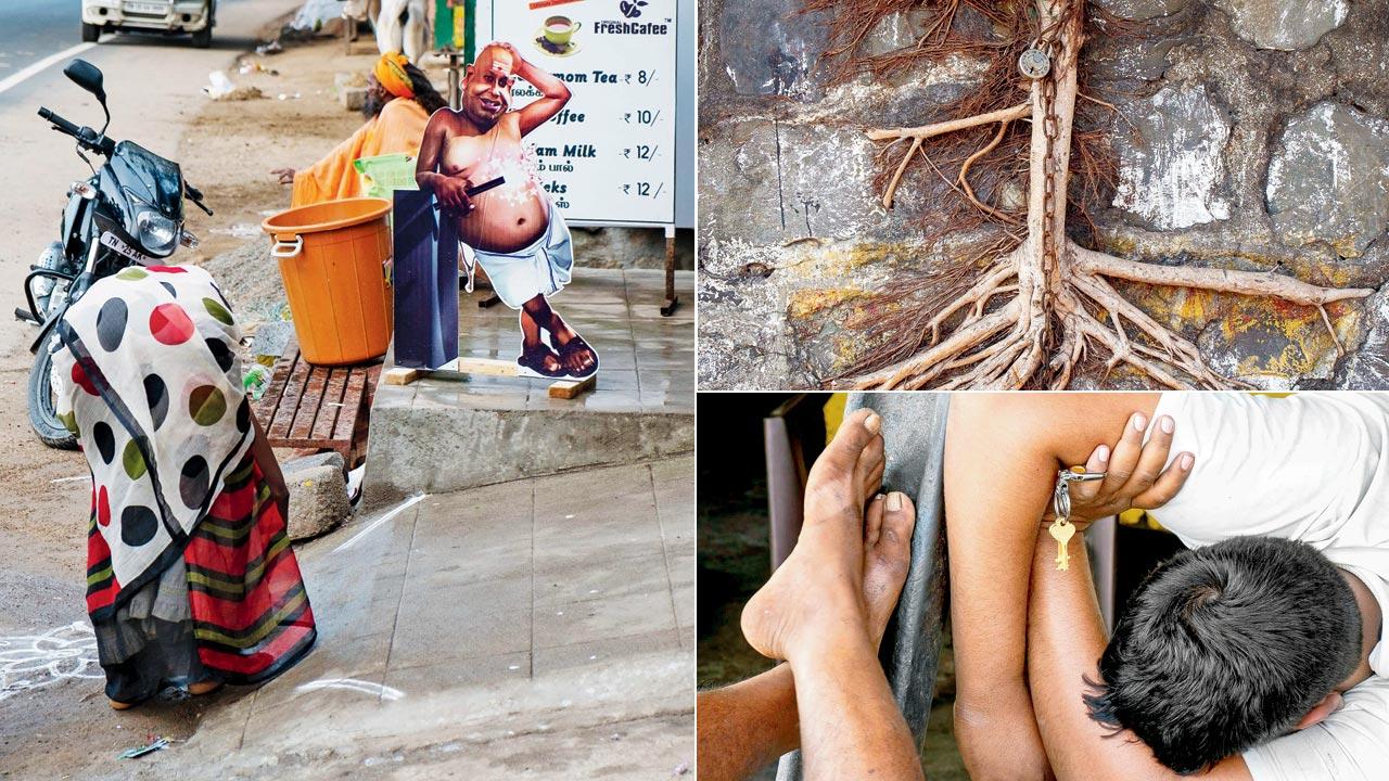 The photograph of a woman bending down to draw kolam, derriere in air as a cardboard cutout of a man stares is a juxtaposition of odd things. Shot at a tea stall in the small town of Thiruvannamalai in 2015, Panjiar informs this moment was emblematic of society’s male gaze; Shot in 2022 is the snapshot taken at Sassoon Dock of a lock mangled in the roots of a tree shooting out of a rock wall. It looks like one part of an unfinished story, and the picture next to it tells the rest of the tale. Panjiar says that the lock probably belongs to a hard cart owner who plies his trade nearby by day and secures it at the tree at night; The next image is of a pair of exhausted labourers at Sassoon Dock, sitting limp and askew, as if they have lost control of their limbs from the exhaustion. A key hang from the fingers of one of them. To Panjiar, this spoke so eloquently about the hardships of earning a living in the maximum city, as well as the fact that life itself boils down to a lock and its key