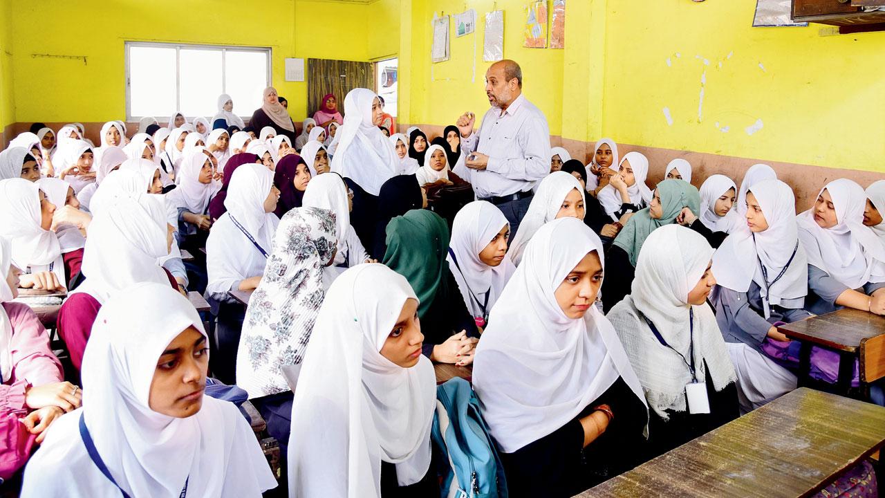 Principal interacting with the students. Pic/Shadab Khan