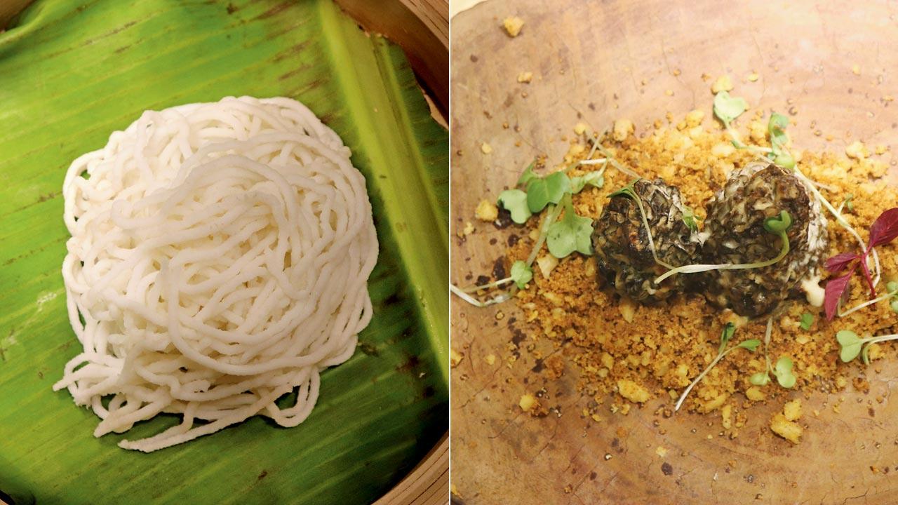 Steamed noolputtu; (right)  Gucchi stuffed with mushroom butter