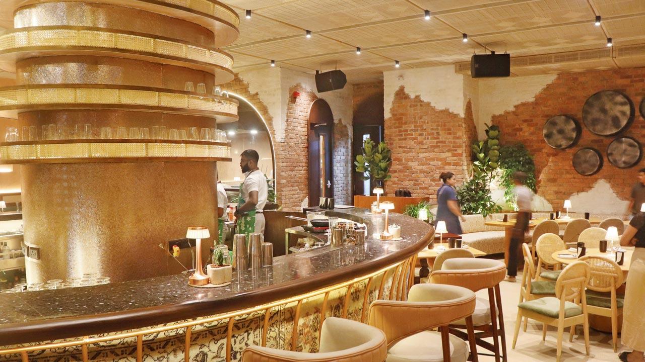 The circular bar at the heart of the restaurant’s interiors is inspired by the designs of stepwells