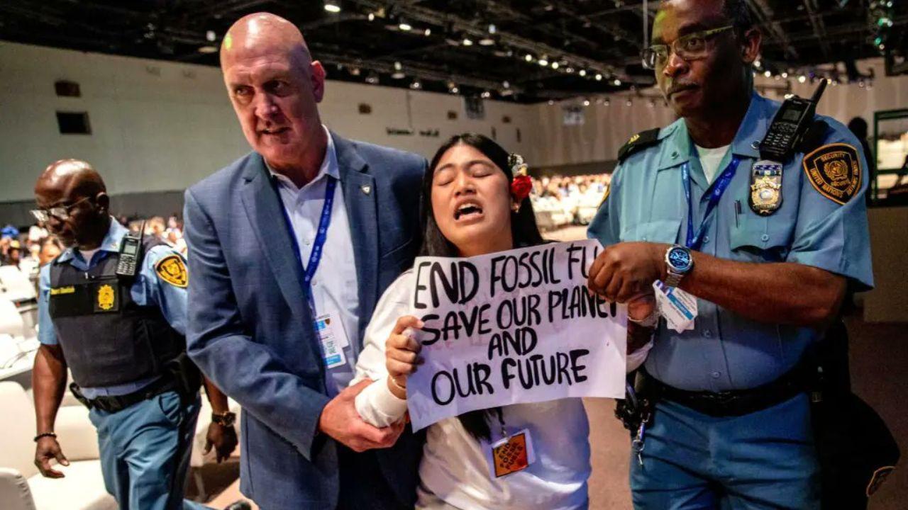 A 12-year-old climate activist from Manipur, Licypriya Kangujam, staged a bold protest against fossil fuels at UN Climate Conference (COP28) in Dubai. Pics/ AFP & X
