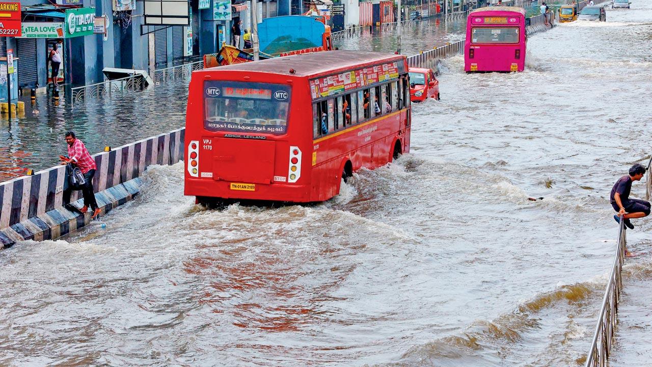 Vehicles stuck on a flooded road after heavy rainfall caused by Cyclone Michaung, in Chennai, on Dec. 5. Pics/PTI