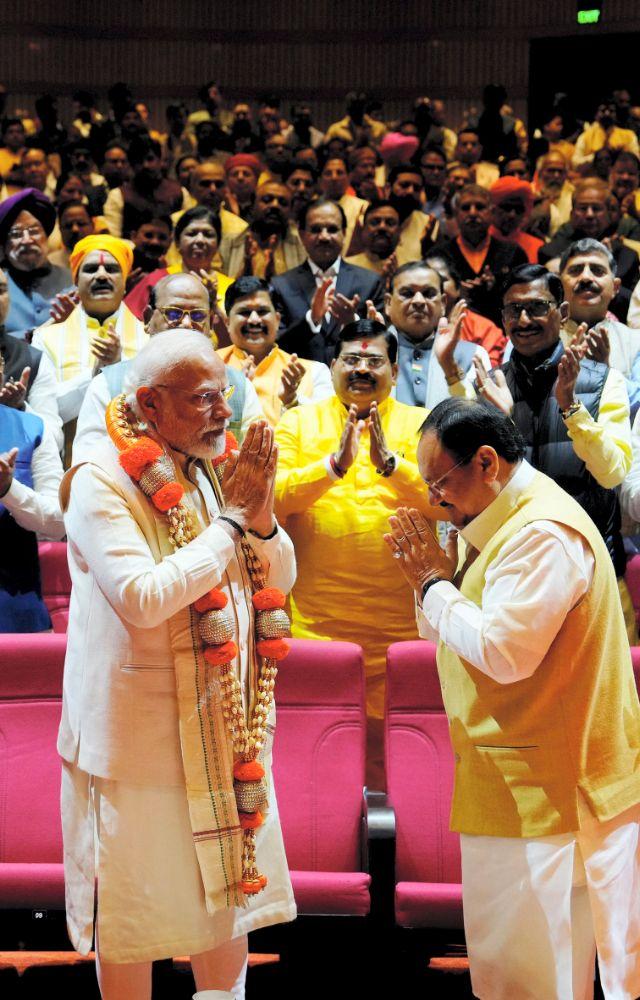 BJP National President JP Nadda felicitated PM Narendra Modi on Thursday at the Parliamentary party meeting. 