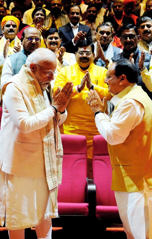 Nadda honoured PM Modi with a shawl and garland; this felicitation comes days after the saffron party won big in Rajasthan, MP & Chhattisgarh.